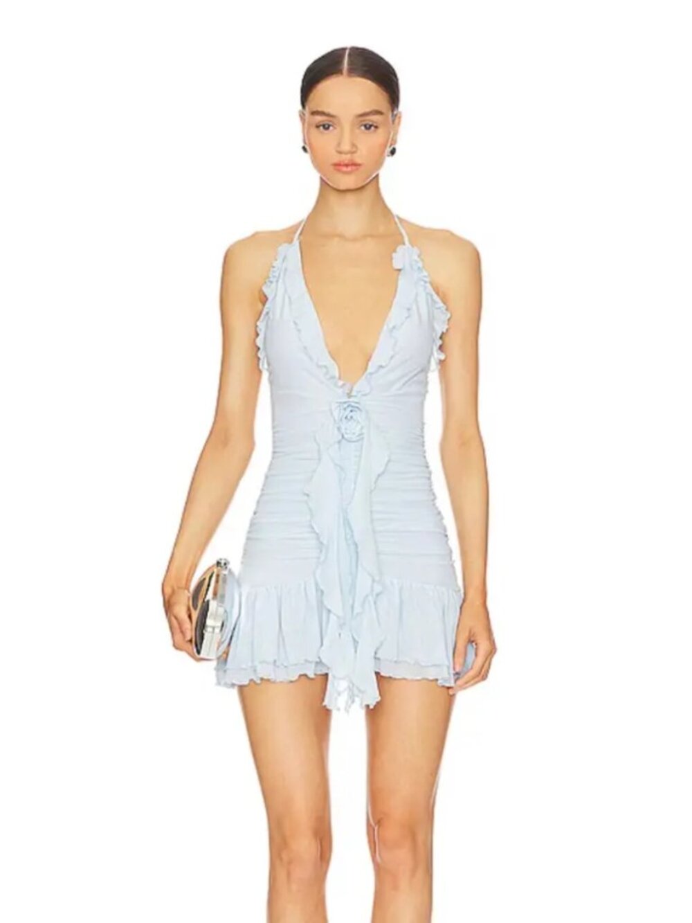 MORE TO COME Lia Mini Dress Light Blue Ruffled Halter Backless Night Out Size XS